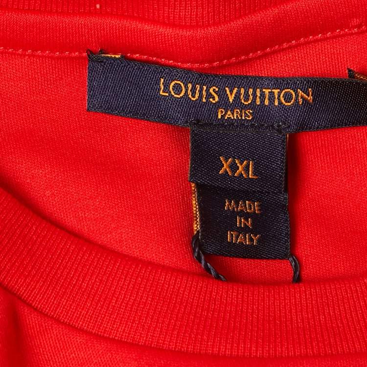 Pre Owned Louis Vuitton Red LV Stamp Print Cotton Crew Neck Half Sleeve T-Shirt XXL