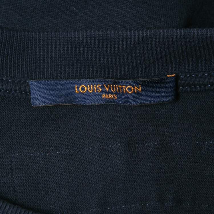 Pre Owned Louis Vuitton Navy Blue Logo Embroidered Cotton Crew Neck Half Sleeve T-Shirt L