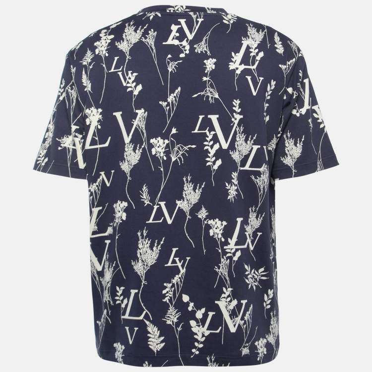 Pre Owned Louis Vuitton Navy Blue Logo Leaf Print Cotton Crew Neck Half Sleeve T-Shirt XL