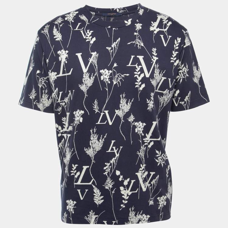 Pre Owned Louis Vuitton Navy Blue Logo Leaf Print Cotton Crew Neck Half Sleeve T-Shirt XL