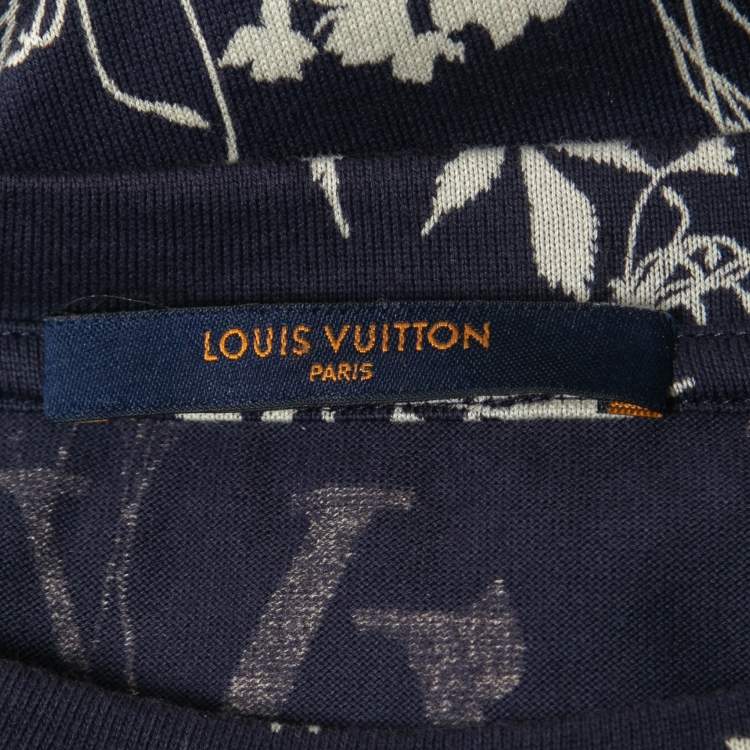 Pre Owned Louis Vuitton Navy Blue Logo Leaf Print Cotton Crew Neck Half Sleeve T-Shirt XL