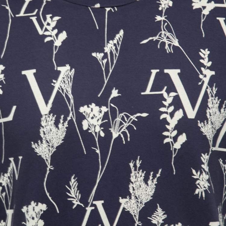 Pre Owned Louis Vuitton Navy Blue Logo Leaf Print Cotton Crew Neck Half Sleeve T-Shirt XL