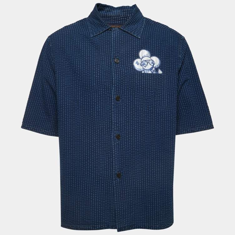 Pre Owned Louis Vuitton Blue Patterned Cotton Logo Patch Button Front Half Sleeve Shirt 4L