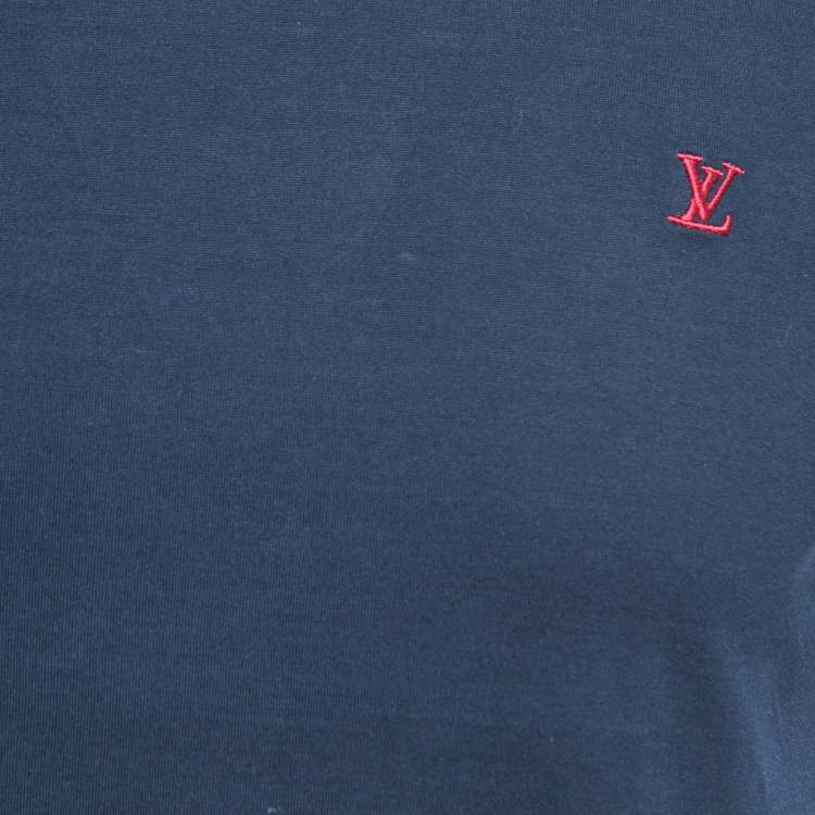 Pre Owned Louis Vuitton Navy Blue Logo Embroidered Cotton Crew Neck Half Sleeve T-Shirt S