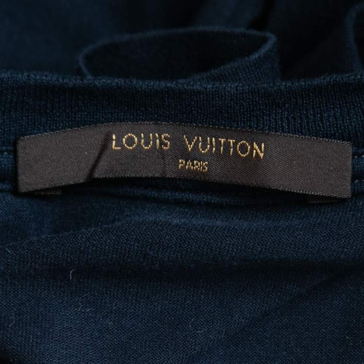Pre Owned Louis Vuitton Navy Blue Logo Embroidered Cotton Crew Neck Half Sleeve T-Shirt S