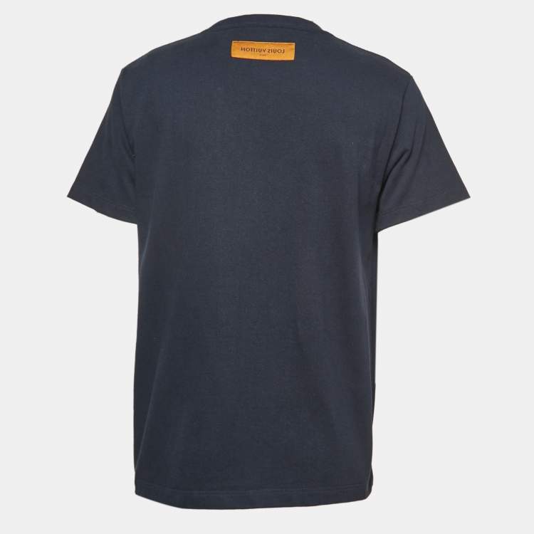Pre Owned Louis Vuitton Navy Blue Logo Embroidered Cotton Crew Neck Half Sleeve T-Shirt XS