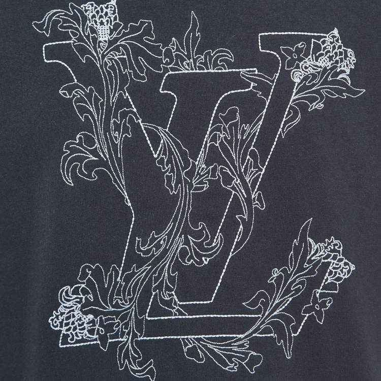 Pre Owned Louis Vuitton Navy Blue Logo Embroidered Cotton Crew Neck Half Sleeve T-Shirt XS