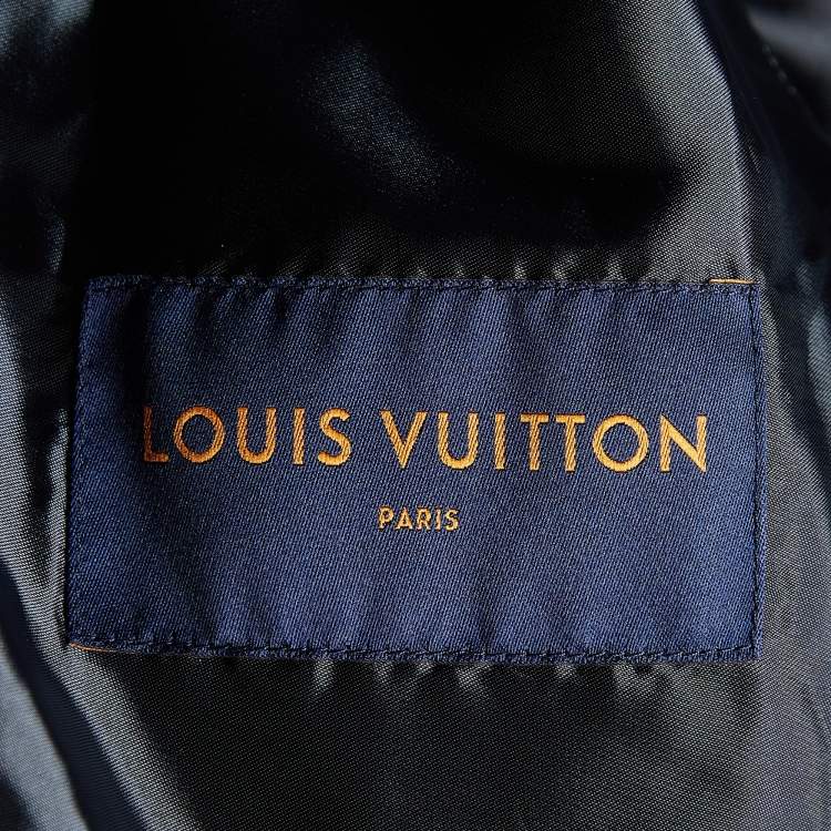 Pre Owned Louis Vuitton Navy Blue Wool  & Contrast Leather Sleeve Detail Bomber Jacket S
