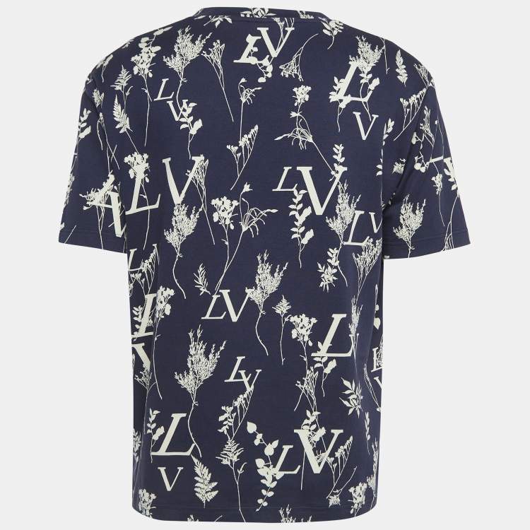 Pre Owned Louis Vuitton Navy Blue Leaf Discharge Print Cotton T-Shirt XL