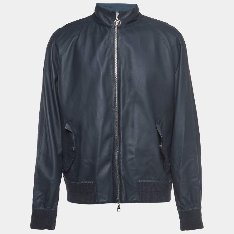 Pre Owned Louis Vuitton Navy Blue Leather and Synthetic Reversible Zipper Jacket XXL