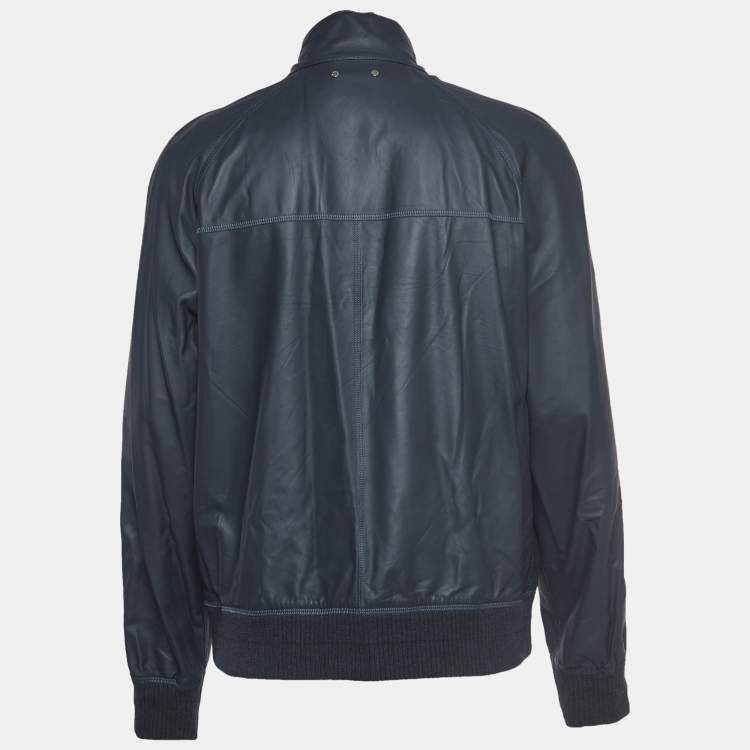 Pre Owned Louis Vuitton Navy Blue Leather and Synthetic Reversible Zipper Jacket XXL