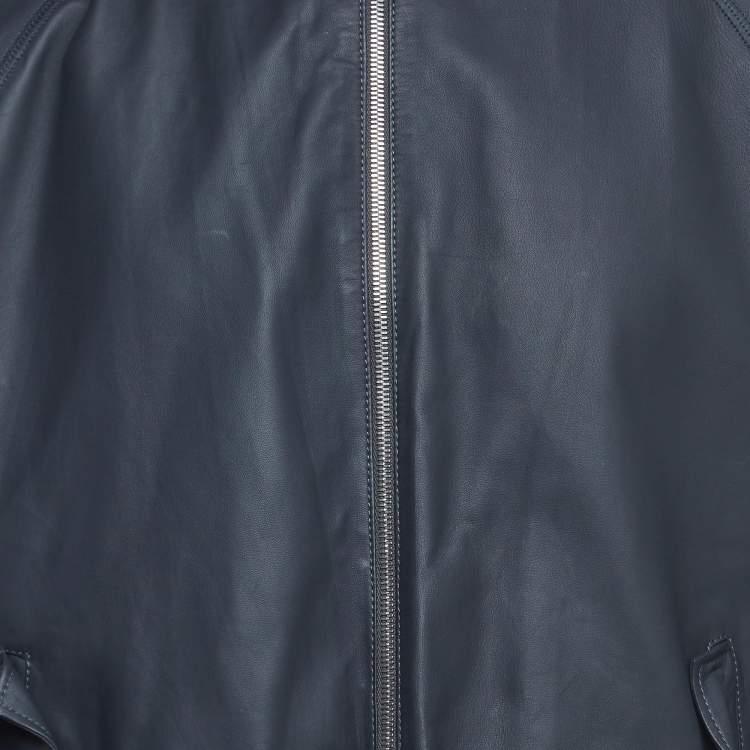 Pre Owned Louis Vuitton Navy Blue Leather and Synthetic Reversible Zipper Jacket XXL