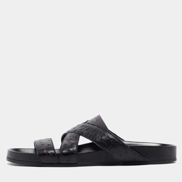Pre Owned Louis Vuitton Black Ostrich Leather Flat Slides Size 42.5