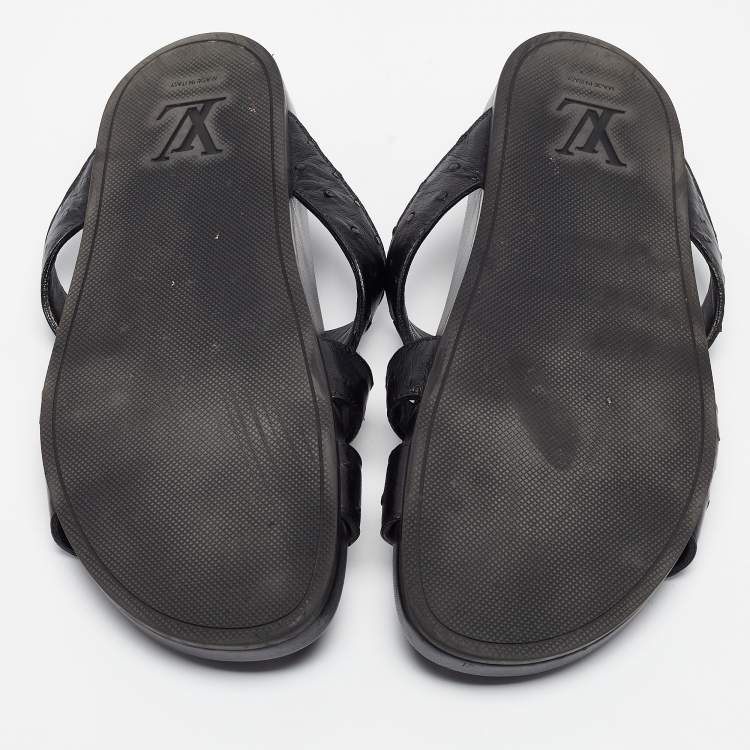 Pre Owned Louis Vuitton Black Ostrich Leather Flat Slides Size 42.5