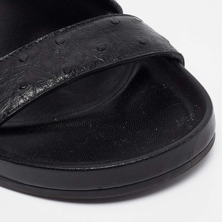 Pre Owned Louis Vuitton Black Ostrich Leather Flat Slides Size 42.5