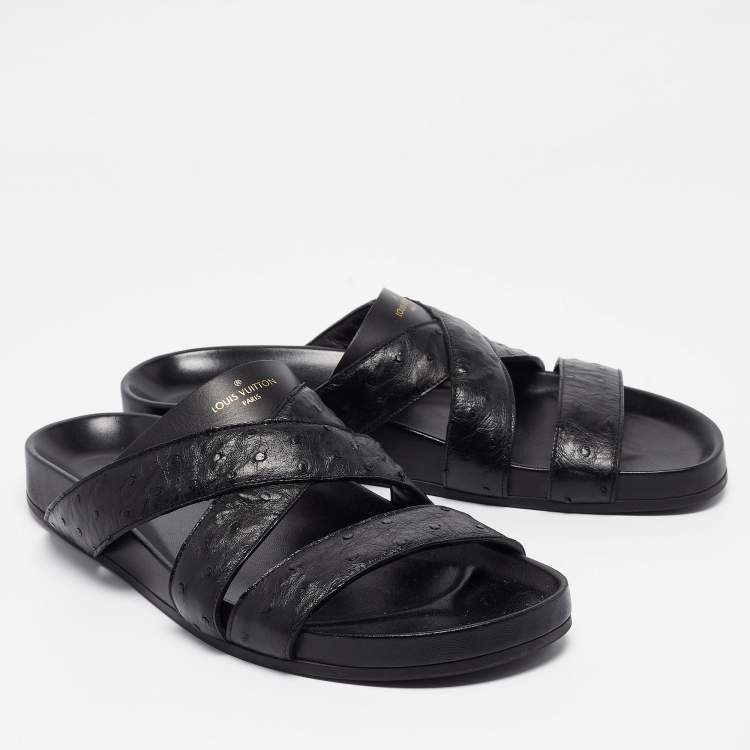 Pre Owned Louis Vuitton Black Ostrich Leather Flat Slides Size 42.5