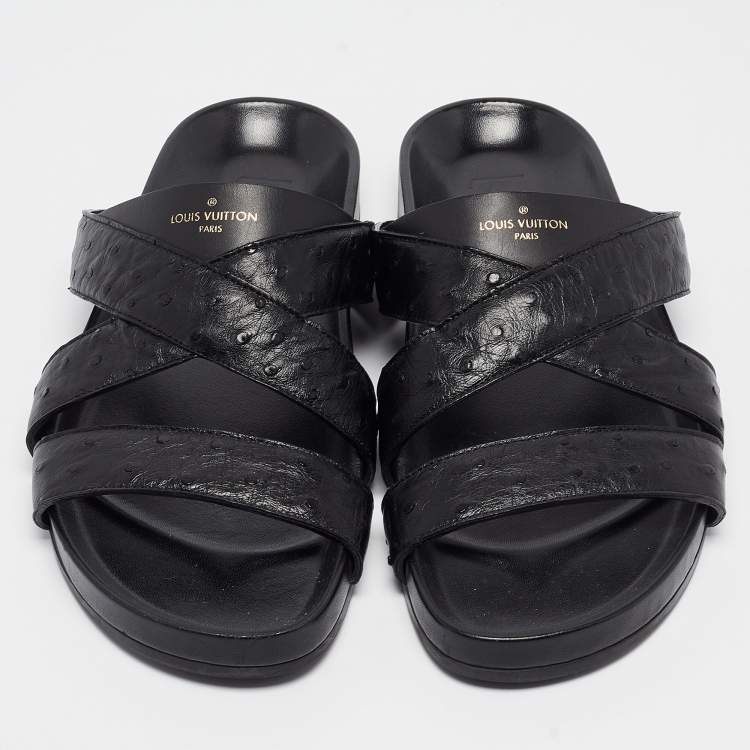 Pre Owned Louis Vuitton Black Ostrich Leather Flat Slides Size 42.5