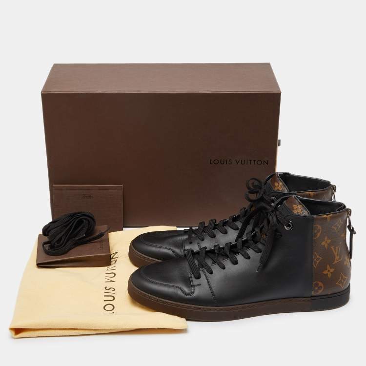 Pre Owned Louis Vuitton Black Leather and Monogram Canvas Line Up Sneakers Size 42.5