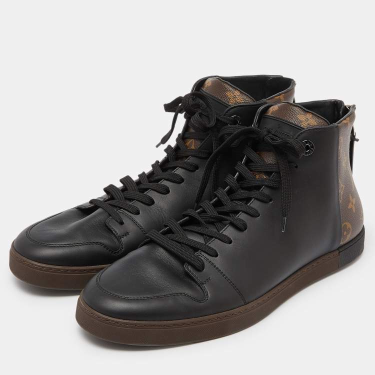 Pre Owned Louis Vuitton Black Leather and Monogram Canvas Line Up Sneakers Size 42.5