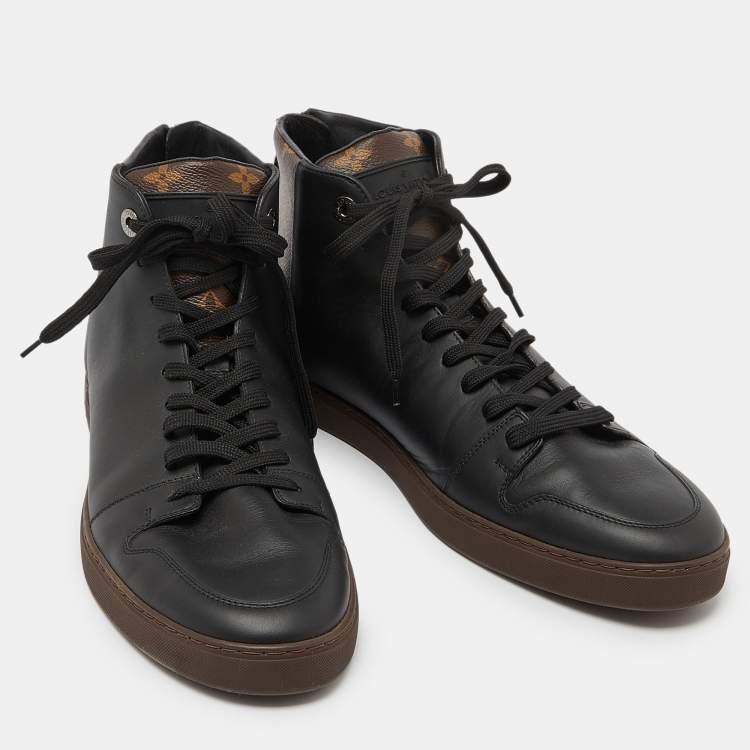 Pre Owned Louis Vuitton Black Leather and Monogram Canvas Line Up Sneakers Size 42.5