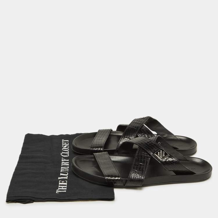 Pre Owned Louis Vuitton Black Lizard Leather Criss Cross Flat Sandals 43.5