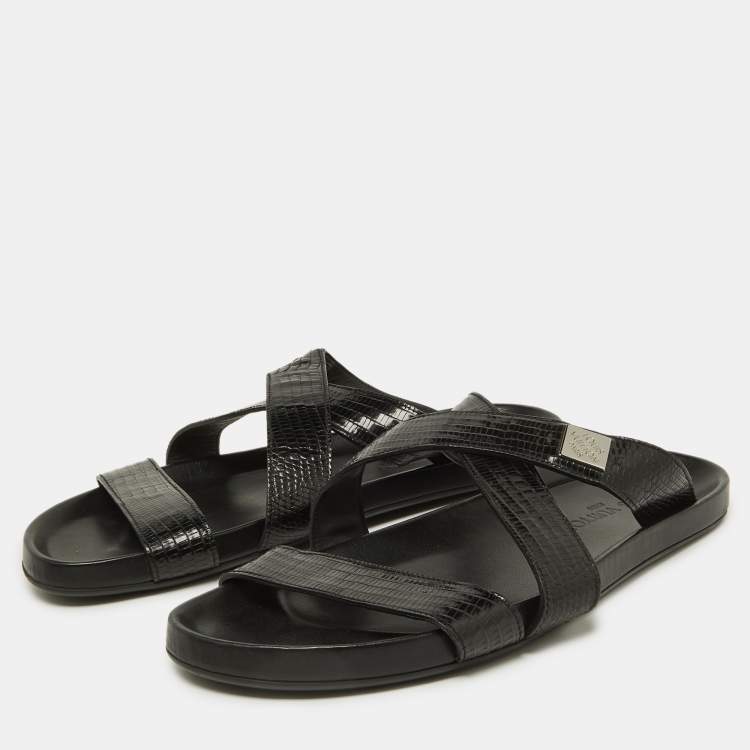 Pre Owned Louis Vuitton Black Lizard Leather Criss Cross Flat Sandals 43.5