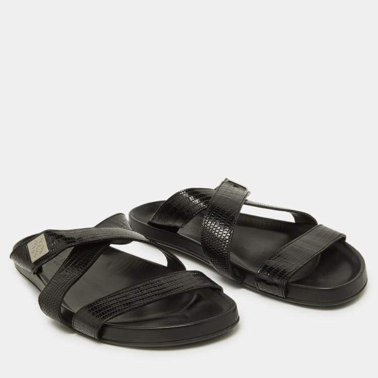 Pre Owned Louis Vuitton Black Lizard Leather Criss Cross Flat Sandals 43.5