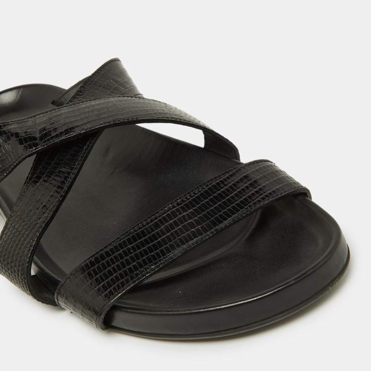 Pre Owned Louis Vuitton Black Lizard Leather Criss Cross Flat Sandals 43.5