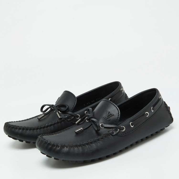 Pre Owned Louis Vuitton Black Leather Bow Slip On Loafers Size 42.5