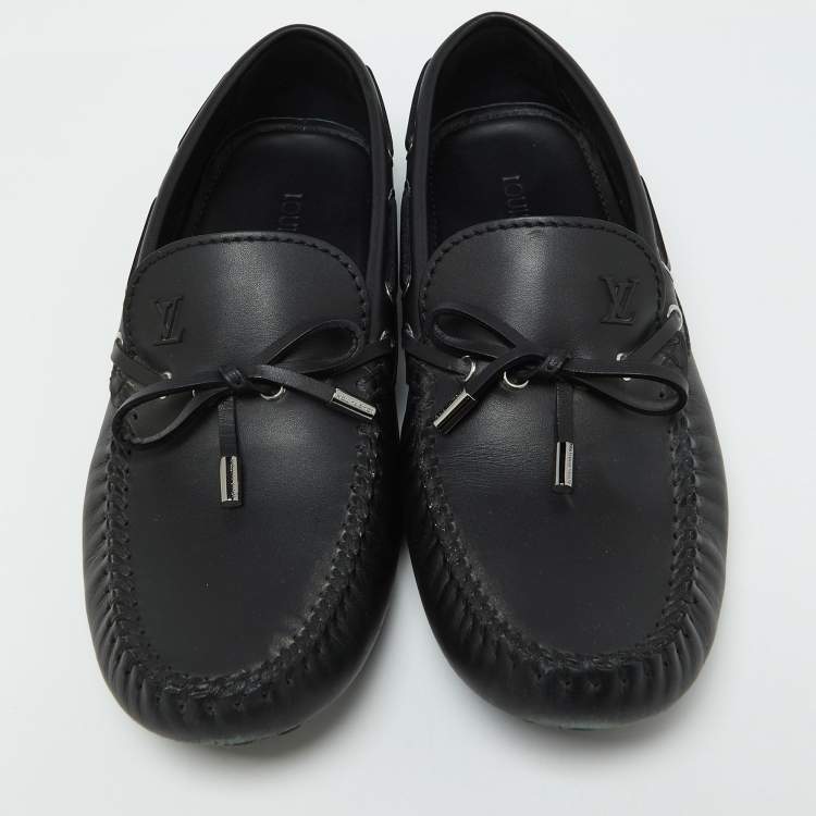 Pre Owned Louis Vuitton Black Leather Bow Slip On Loafers Size 42.5