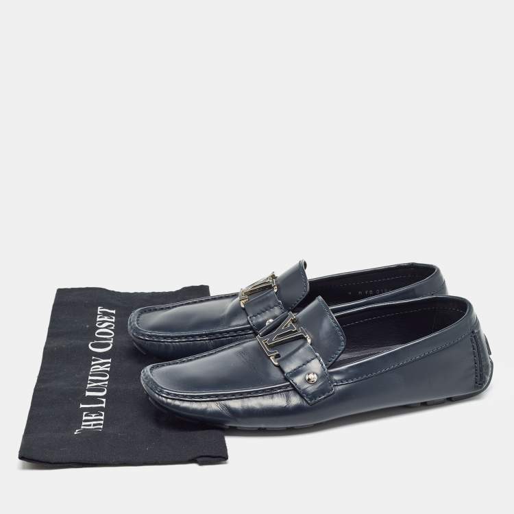 Pre Owned Louis Vuitton Navy Blue Leather Monte Carlo Slip On Loafers Size 43