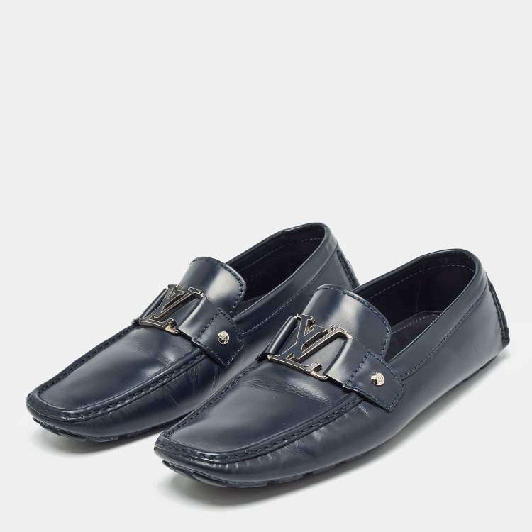 Pre Owned Louis Vuitton Navy Blue Leather Monte Carlo Slip On Loafers Size 43