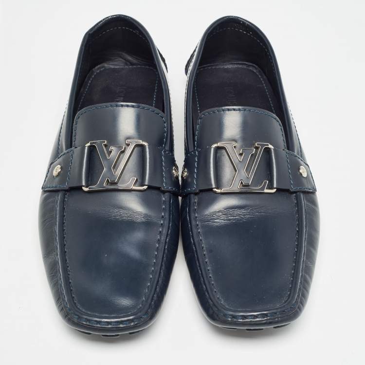 Pre Owned Louis Vuitton Navy Blue Leather Monte Carlo Slip On Loafers Size 43