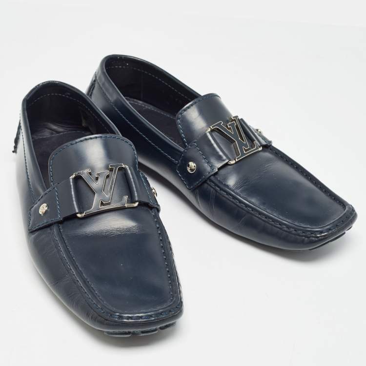 Pre Owned Louis Vuitton Navy Blue Leather Monte Carlo Slip On Loafers Size 43