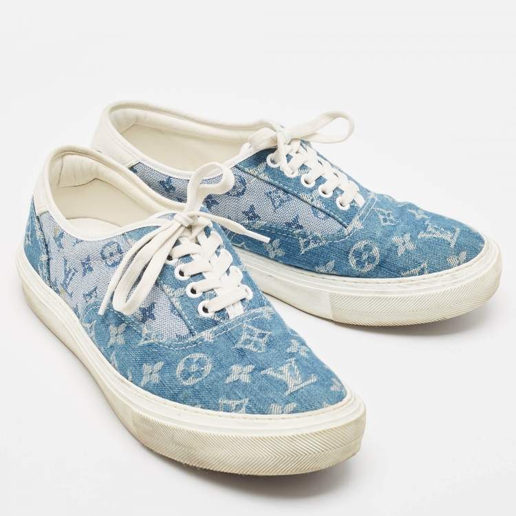 Pre Owned Louis Vuitton Blue Monogram Denim Lace Up Sneakers Size 41.5