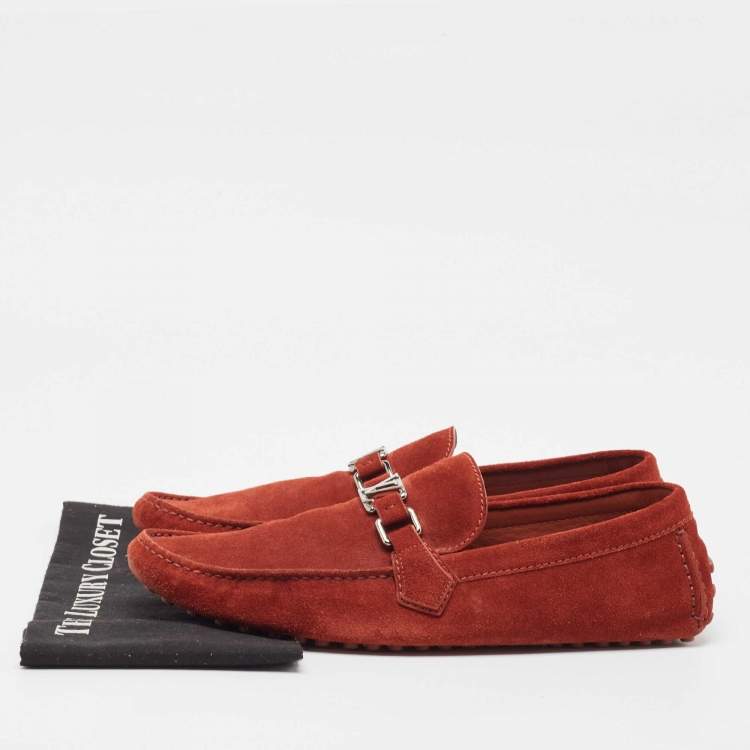Pre Owned Louis Vuitton Red Suede Hockenheim Loafers Size 45