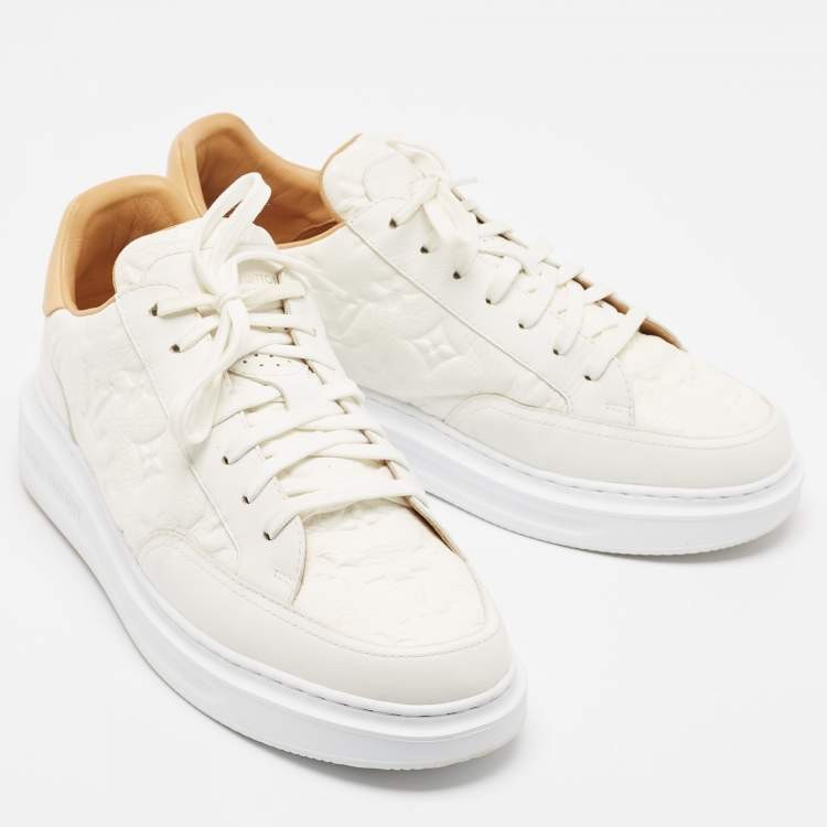Pre Owned Louis Vuitton White/Brown Monogram Leather Beverley Sneakers Size 41.5