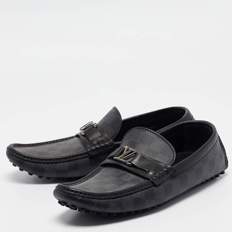 Pre Owned Louis Vuitton Grey Leather  and Canvas Hockenheim Loafers Size 42.5