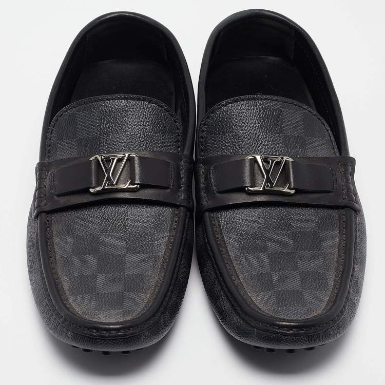 Pre Owned Louis Vuitton Grey Leather  and Canvas Hockenheim Loafers Size 42.5