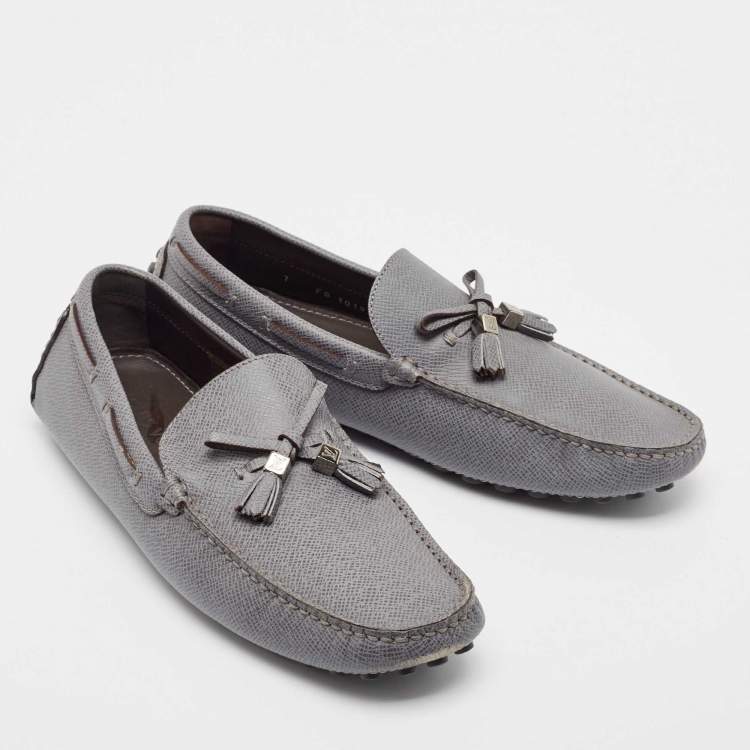 Pre Owned Louis Vuitton Grey Leather Slip On Loafers Size 41