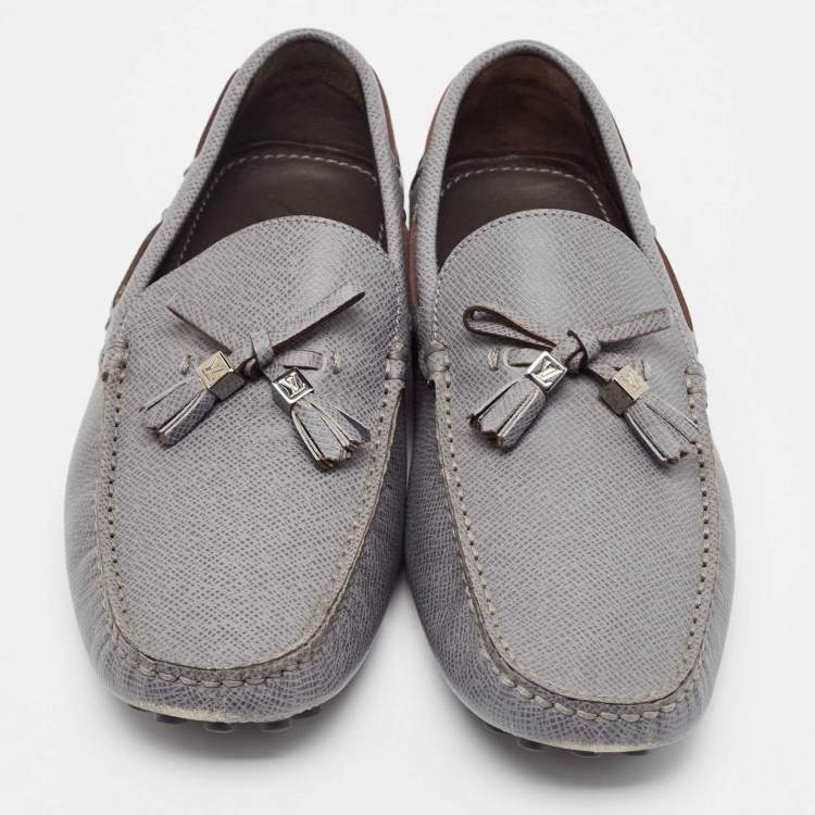 Pre Owned Louis Vuitton Grey Leather Slip On Loafers Size 41