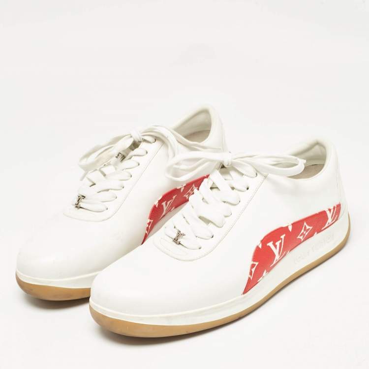 Pre Owned Louis Vuitton White/Monogram Canvas and Leather Low Top Sneakers Size 43