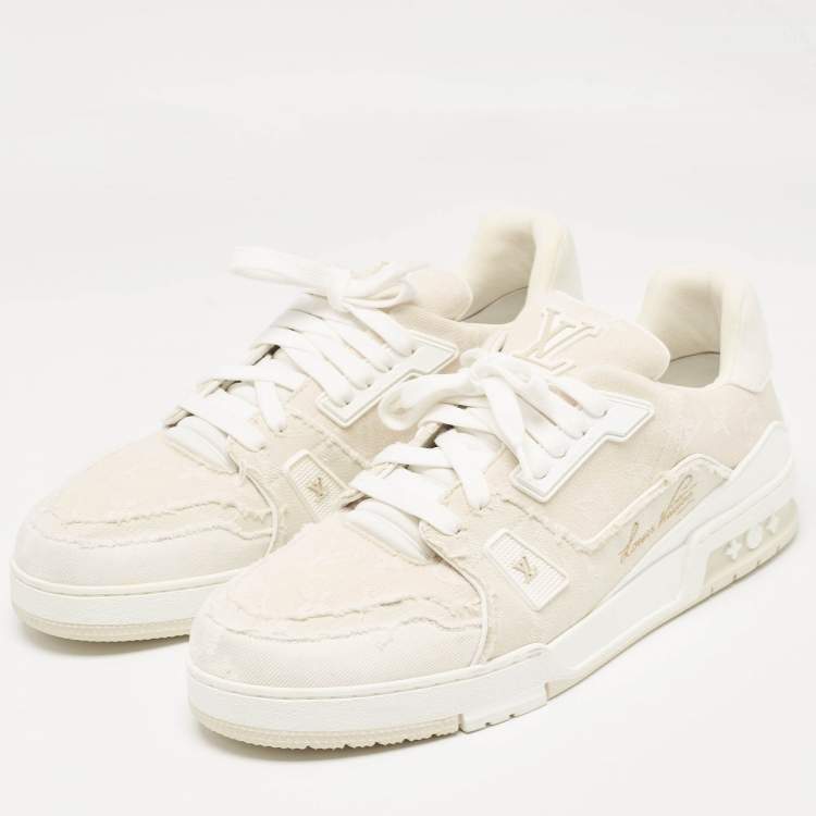 Pre Owned Louis Vuitton Cream Canvas LV Trainer Lace Up Sneakers Size 45