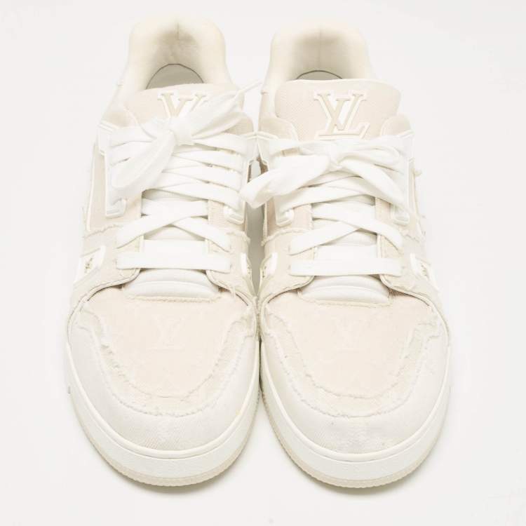 Pre Owned Louis Vuitton Cream Canvas LV Trainer Lace Up Sneakers Size 45