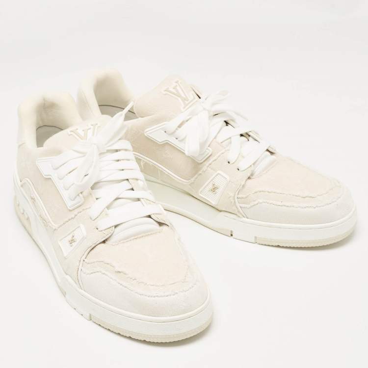 Pre Owned Louis Vuitton Cream Canvas LV Trainer Lace Up Sneakers Size 45
