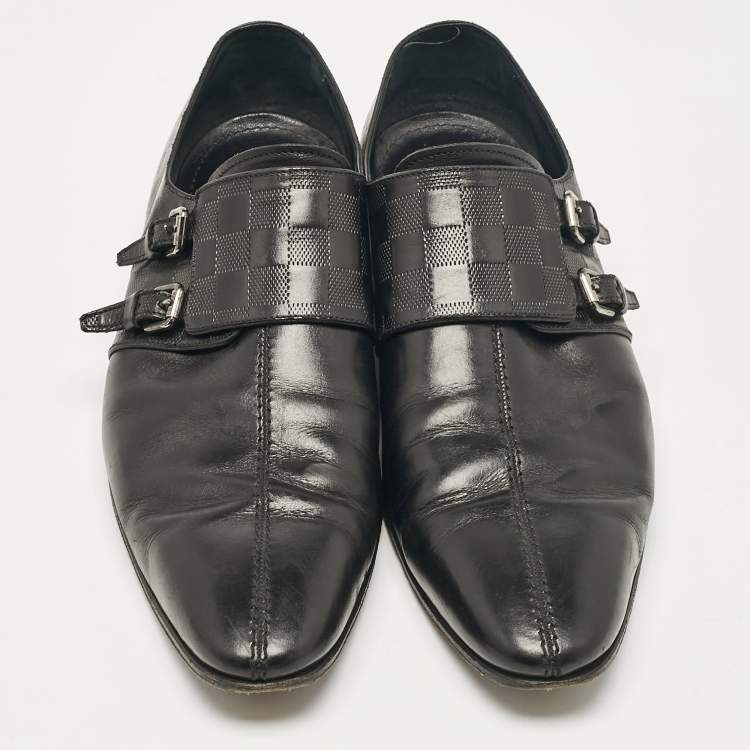 Pre Owned Louis Vuitton Black Damier Leather Monk Strap Derby Size 45