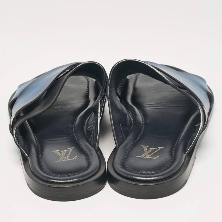 Pre Owned Louis Vuitton Blue/Black Leather Foch Slides Size 41