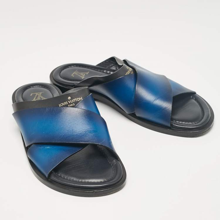 Pre Owned Louis Vuitton Blue/Black Leather Foch Slides Size 41