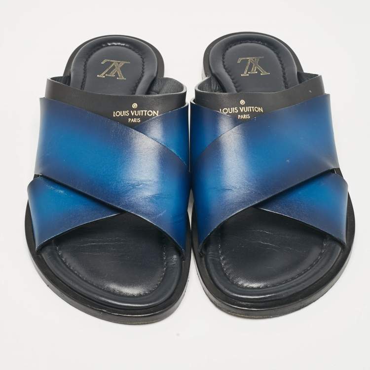 Pre Owned Louis Vuitton Blue/Black Leather Foch Slides Size 41