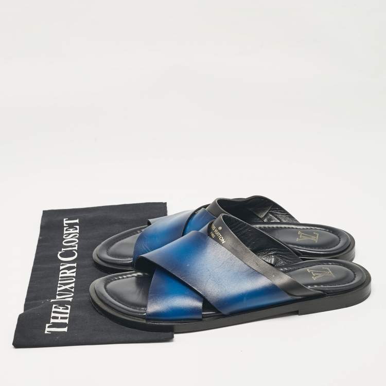 Pre Owned Louis Vuitton Blue/Black Leather Foch Slides Size 41